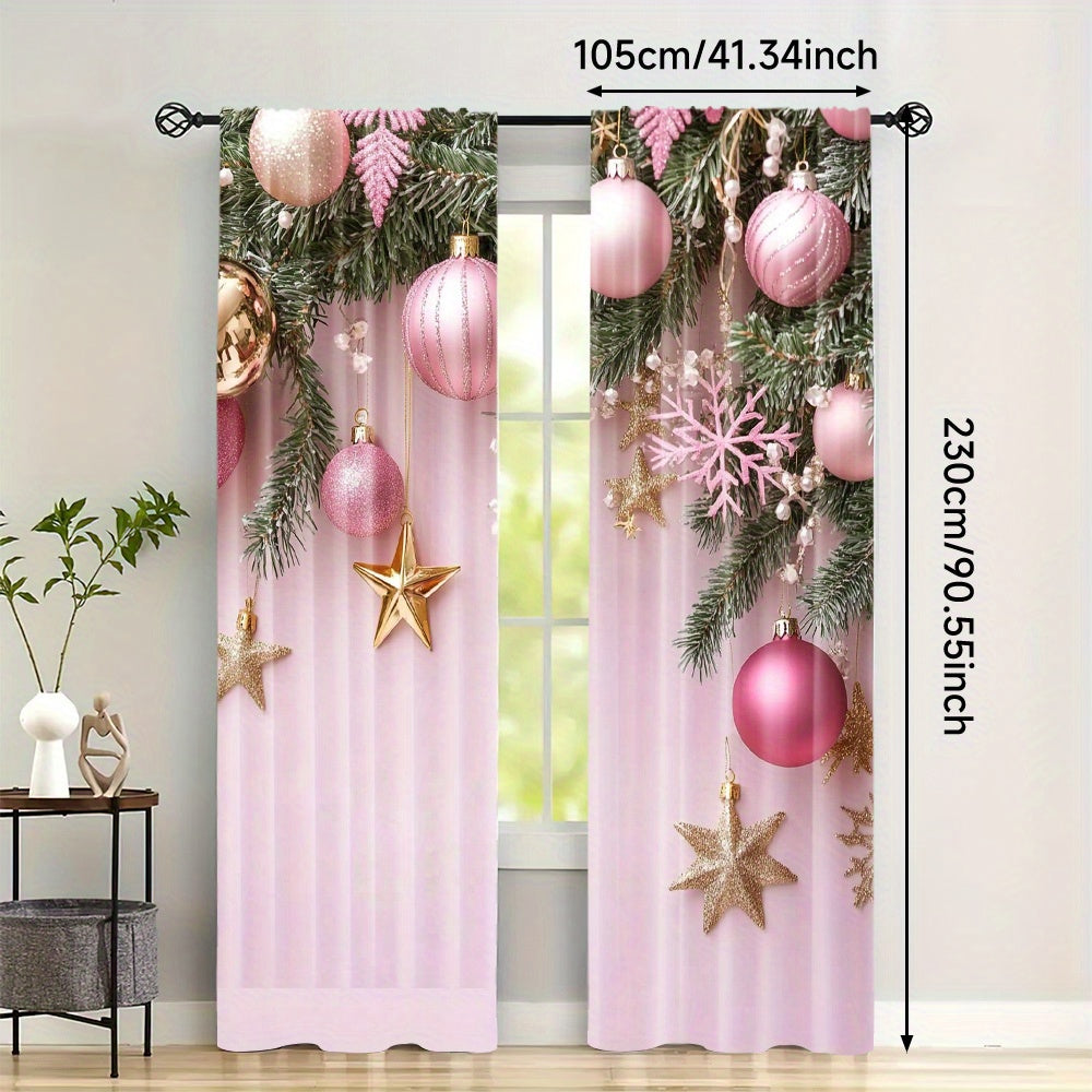 Pink Christmas Curtains - Set of 2, Vibrant Digital Print, Rod Pocket Design, High Definition Print, Festive Home Decor for Living Room & Bedroom, Must-Have for Study Room, Made of Polyester Material, Perfect Window Treatment (Rod Not Included)