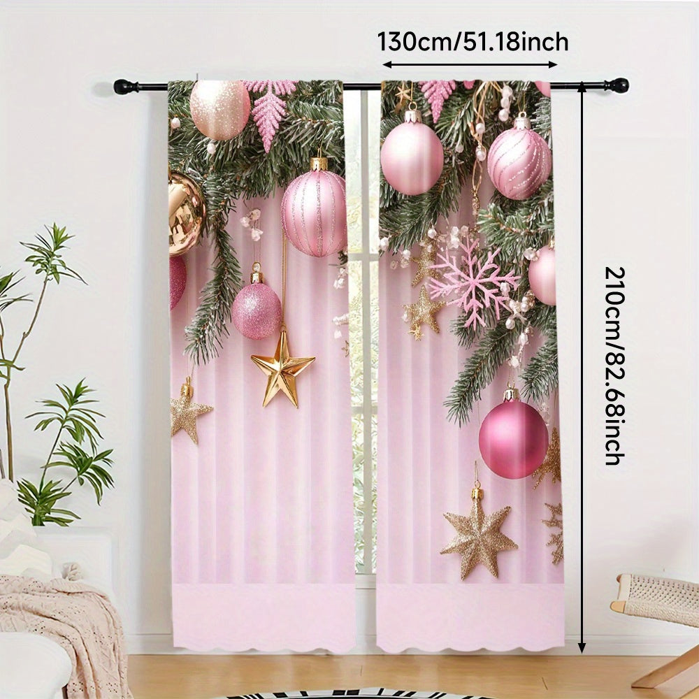 Pink Christmas Curtains - Set of 2, Vibrant Digital Print, Rod Pocket Design, High Definition Print, Festive Home Decor for Living Room & Bedroom, Must-Have for Study Room, Made of Polyester Material, Perfect Window Treatment (Rod Not Included)