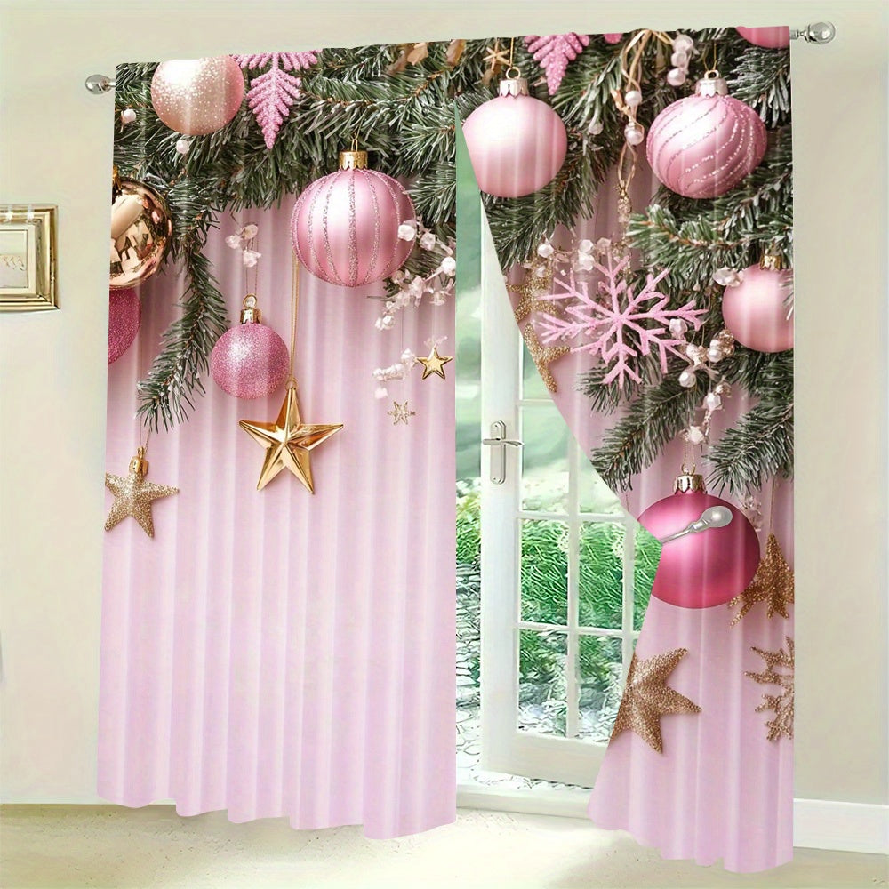 Pink Christmas Curtains - Set of 2, Vibrant Digital Print, Rod Pocket Design, High Definition Print, Festive Home Decor for Living Room & Bedroom, Must-Have for Study Room, Made of Polyester Material, Perfect Window Treatment (Rod Not Included)