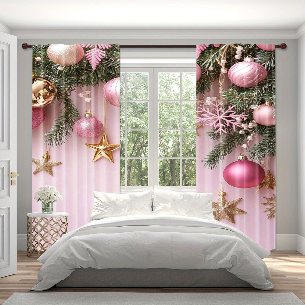 Pink Christmas Curtains - Set of 2, Vibrant Digital Print, Rod Pocket Design, High Definition Print, Festive Home Decor for Living Room & Bedroom, Must-Have for Study Room, Made of Polyester Material, Perfect Window Treatment (Rod Not Included)