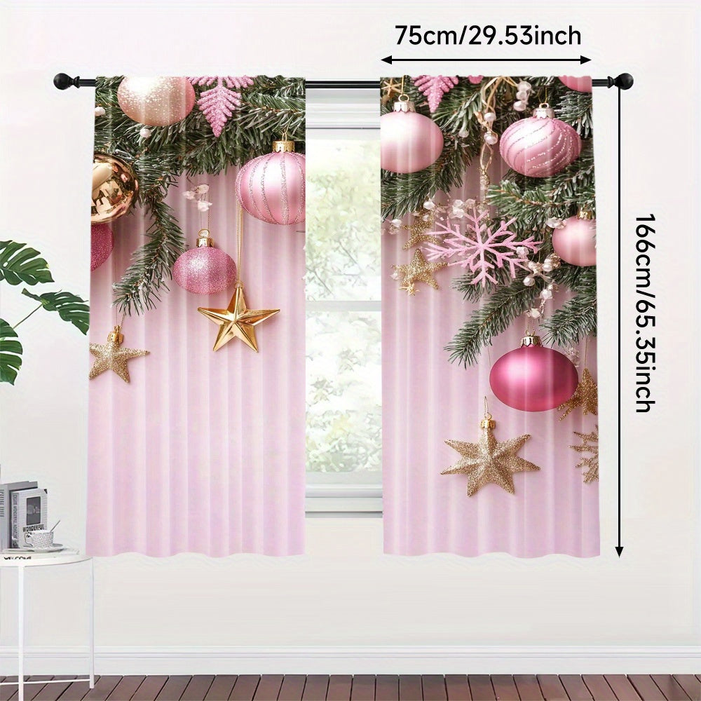 Pink Christmas Curtains - Set of 2, Vibrant Digital Print, Rod Pocket Design, High Definition Print, Festive Home Decor for Living Room & Bedroom, Must-Have for Study Room, Made of Polyester Material, Perfect Window Treatment (Rod Not Included)