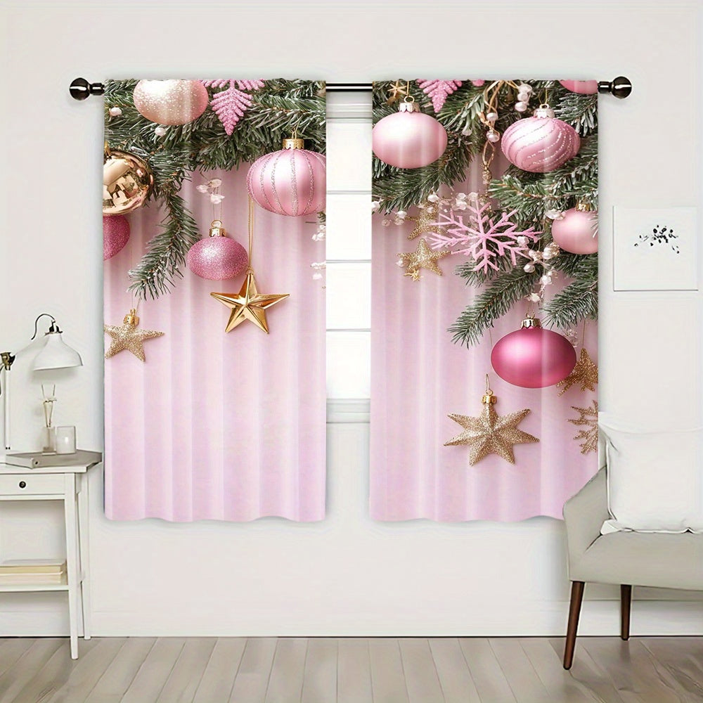 Pink Christmas Curtains - Set of 2, Vibrant Digital Print, Rod Pocket Design, High Definition Print, Festive Home Decor for Living Room & Bedroom, Must-Have for Study Room, Made of Polyester Material, Perfect Window Treatment (Rod Not Included)