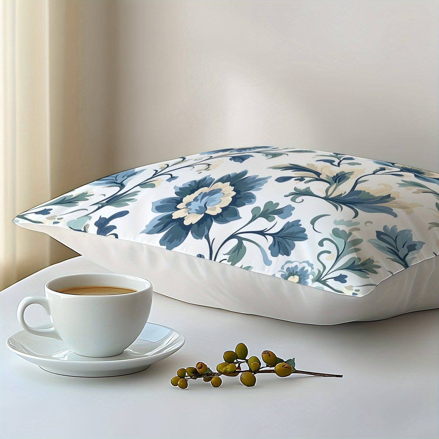 Blue Floral Pattern 100% Cotton Pillowcase, Single Pack, Featuring 3D Digital Print, Soft and Skin-Friendly Fabric, Plain Weave Washed Cotton for Ultimate Comfort. Envelope Closure, Machine Washable - Perfect for Bedroom, Guestroom, and Hotel Use. A