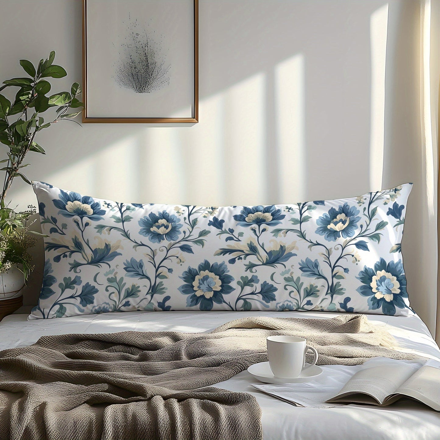 Blue Floral Pattern 100% Cotton Pillowcase, Single Pack, Featuring 3D Digital Print, Soft and Skin-Friendly Fabric, Plain Weave Washed Cotton for Ultimate Comfort. Envelope Closure, Machine Washable - Perfect for Bedroom, Guestroom, and Hotel Use. A