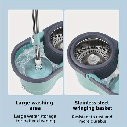 The Dual-Power Spin Mop and Bucket Set is perfect for all your cleaning needs. With super absorbent technology, it's ideal for both wet and dry floors. This durable and easy-to-use home cleaning tool is made with high-quality plastic material that is