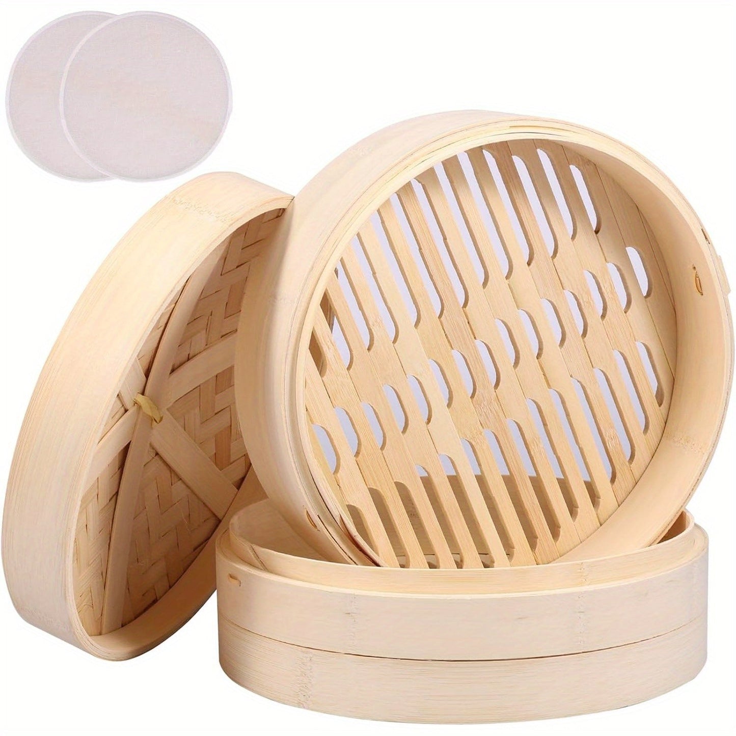 Handmade Bamboo Dumpling Steamer with a 25.4 cm Bamboo Steamer Basket, featuring 2 Cages and 1 Cover. This Lightweight Food Steamer is perfect for Steaming Dumplings, Vegetables, Fish, and Rice. Add a touch of decor to your kitchen with this Bamboo