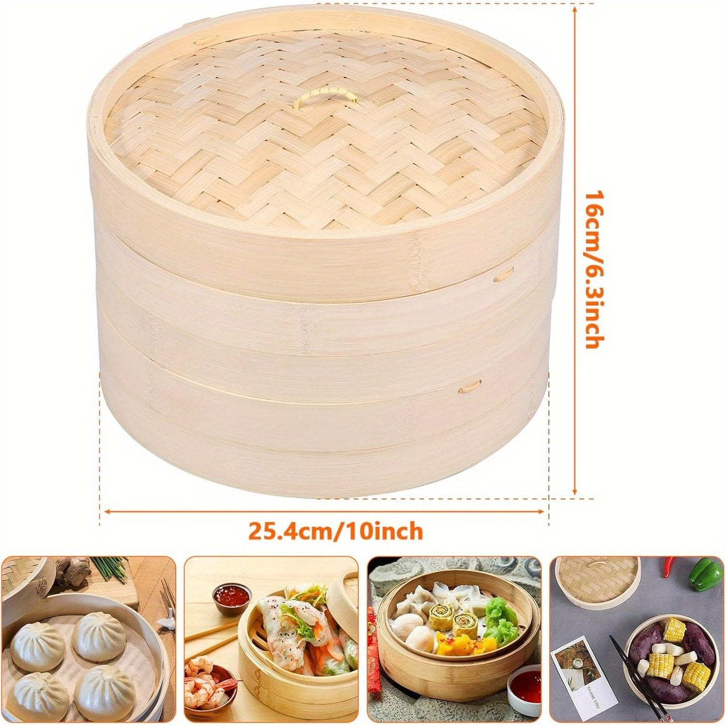 Handmade Bamboo Dumpling Steamer with a 25.4 cm Bamboo Steamer Basket, featuring 2 Cages and 1 Cover. This Lightweight Food Steamer is perfect for Steaming Dumplings, Vegetables, Fish, and Rice. Add a touch of decor to your kitchen with this Bamboo