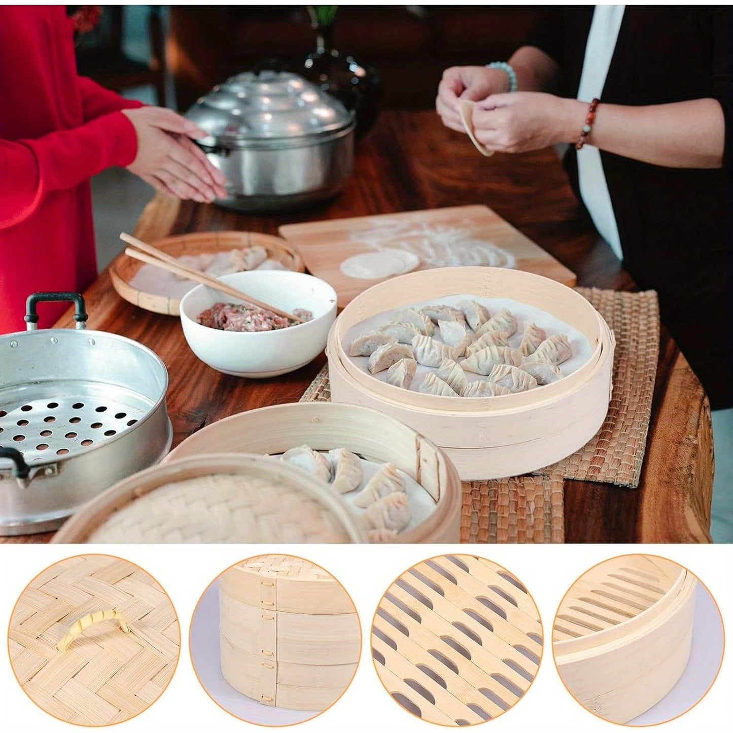 Handmade Bamboo Dumpling Steamer with a 25.4 cm Bamboo Steamer Basket, featuring 2 Cages and 1 Cover. This Lightweight Food Steamer is perfect for Steaming Dumplings, Vegetables, Fish, and Rice. Add a touch of decor to your kitchen with this Bamboo