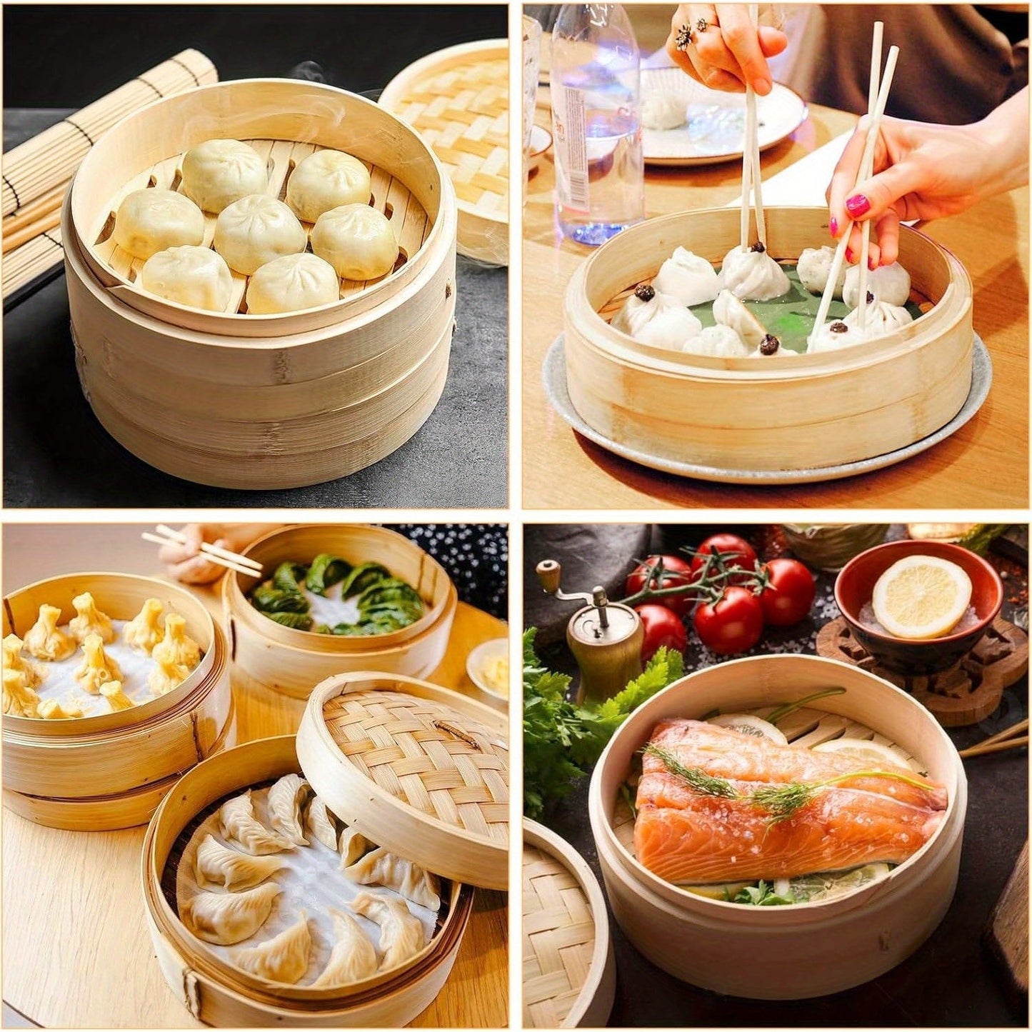 Handmade Bamboo Dumpling Steamer with a 25.4 cm Bamboo Steamer Basket, featuring 2 Cages and 1 Cover. This Lightweight Food Steamer is perfect for Steaming Dumplings, Vegetables, Fish, and Rice. Add a touch of decor to your kitchen with this Bamboo