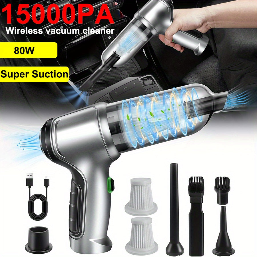 Handheld Vacuum Cleaner with 4 Functions: Strong Suction Power of 15000Pa, Ideal for Dust, Debris, and Pet Hair. Features USB Rechargeable 80W High Power, Aluminum Fan Blades, Multi-Accessories, and Portable Mini Design for Home & Car Use. Includes