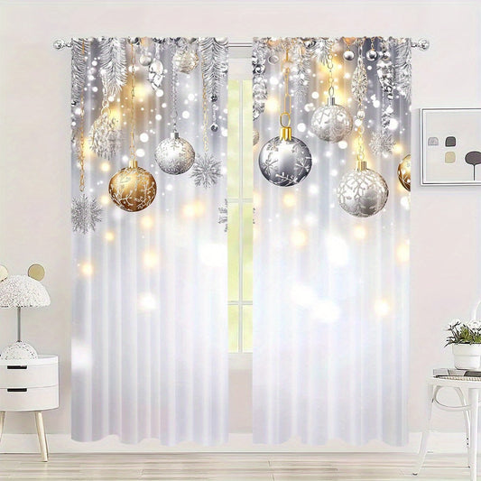 Set of 2 Christmas Glitter Snowflake and Ball Festive Atmosphere Soft Curtains, Featuring Digital Printed Rod Pocket Design for Living Room and Office Decor, Perfect for Adding a Festive Touch to Your Space. (Rod not included)