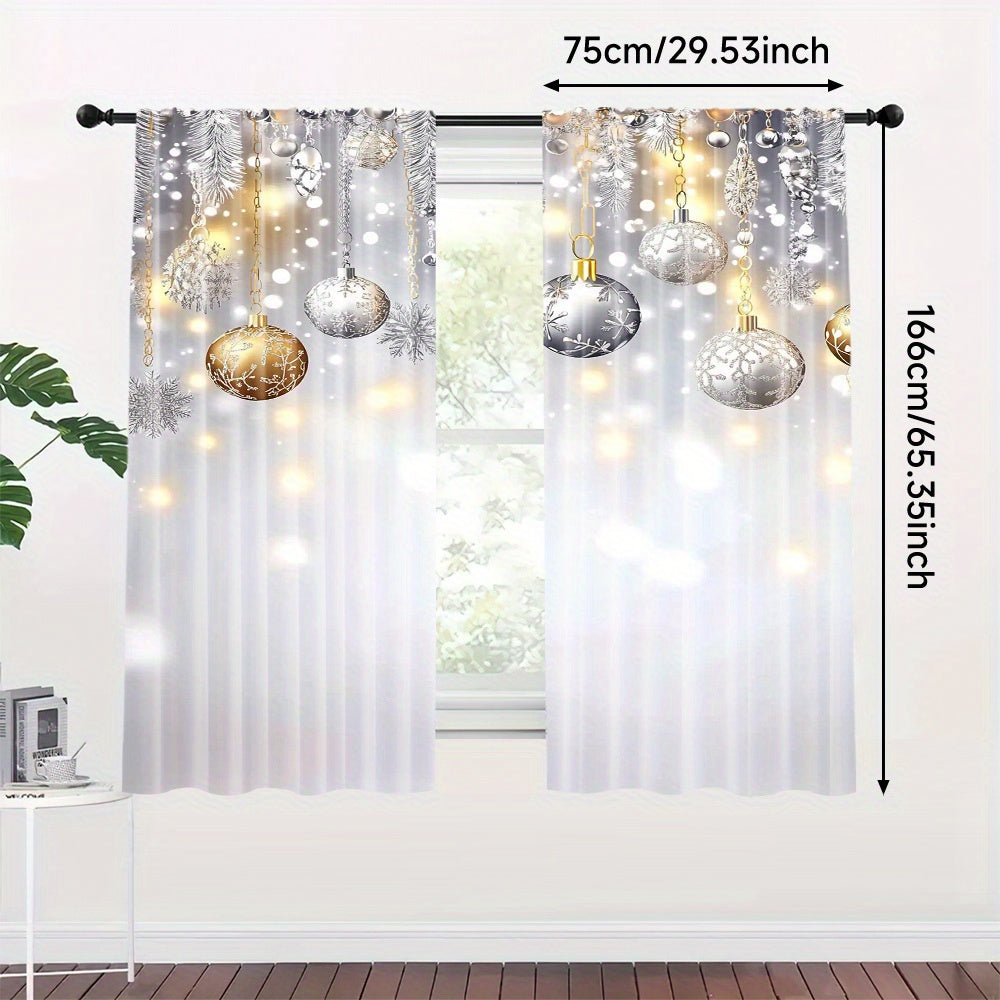 Set of 2 Christmas Glitter Snowflake and Ball Festive Atmosphere Soft Curtains, Featuring Digital Printed Rod Pocket Design for Living Room and Office Decor, Perfect for Adding a Festive Touch to Your Space. (Rod not included)