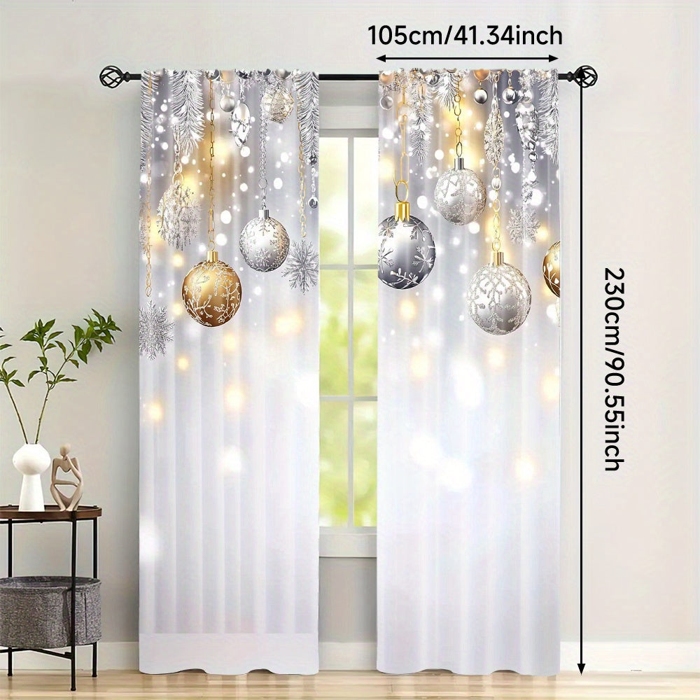 Set of 2 Christmas Glitter Snowflake and Ball Festive Atmosphere Soft Curtains, Featuring Digital Printed Rod Pocket Design for Living Room and Office Decor, Perfect for Adding a Festive Touch to Your Space. (Rod not included)