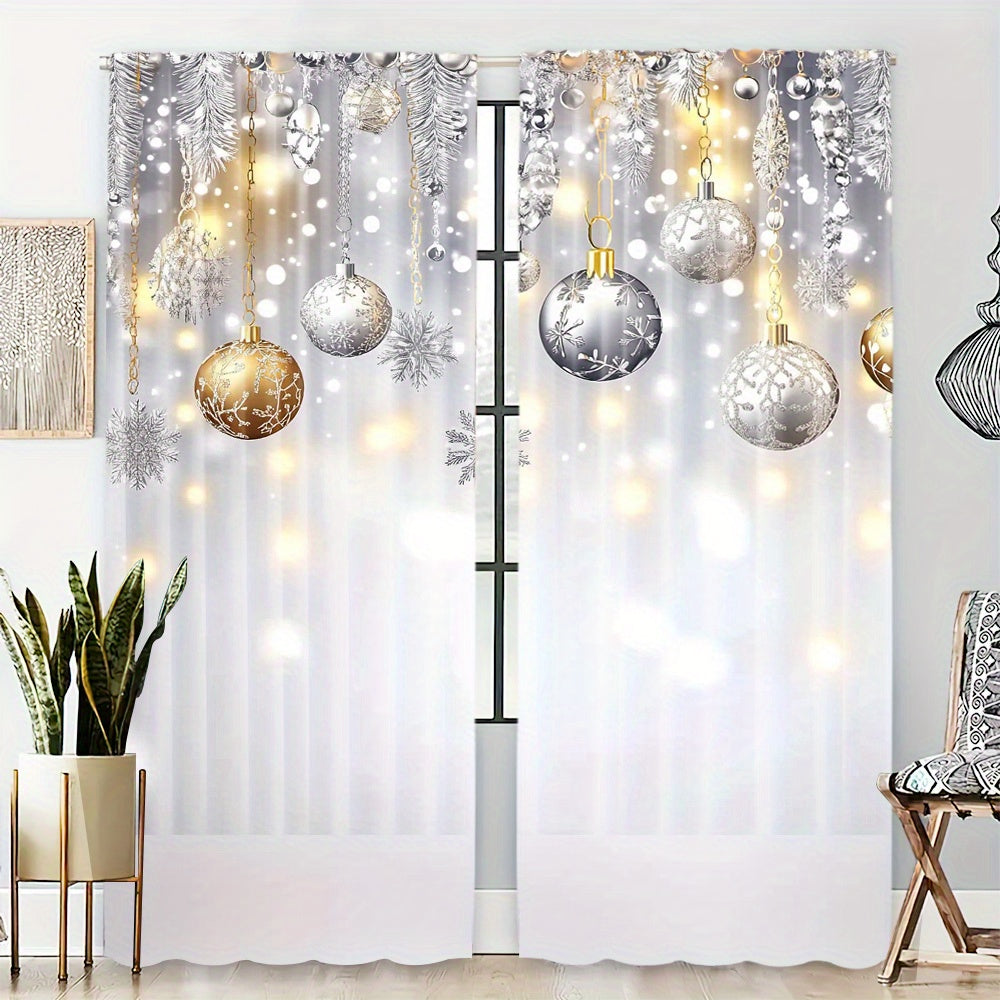 Set of 2 Christmas Glitter Snowflake and Ball Festive Atmosphere Soft Curtains, Featuring Digital Printed Rod Pocket Design for Living Room and Office Decor, Perfect for Adding a Festive Touch to Your Space. (Rod not included)