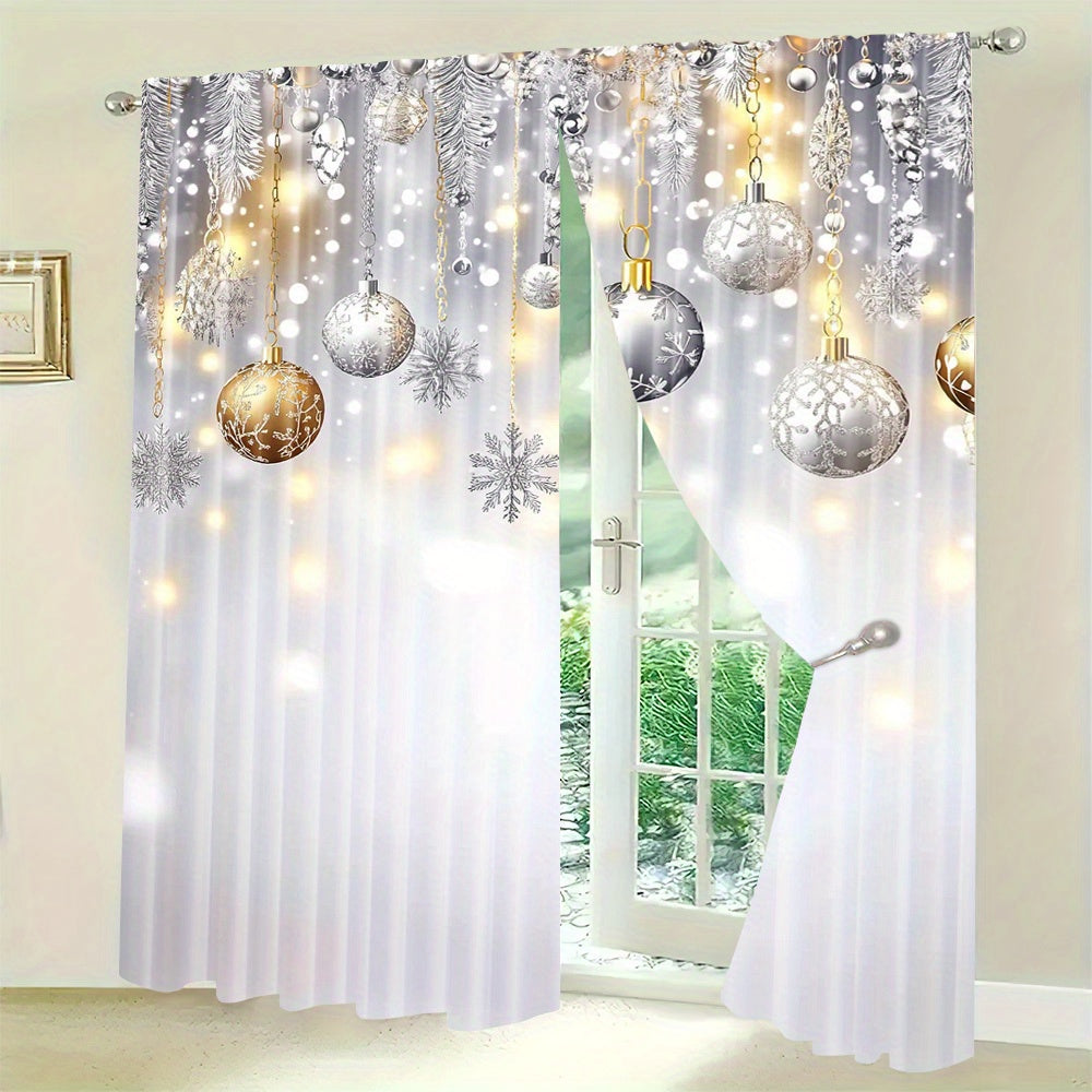 Set of 2 Christmas Glitter Snowflake and Ball Festive Atmosphere Soft Curtains, Featuring Digital Printed Rod Pocket Design for Living Room and Office Decor, Perfect for Adding a Festive Touch to Your Space. (Rod not included)