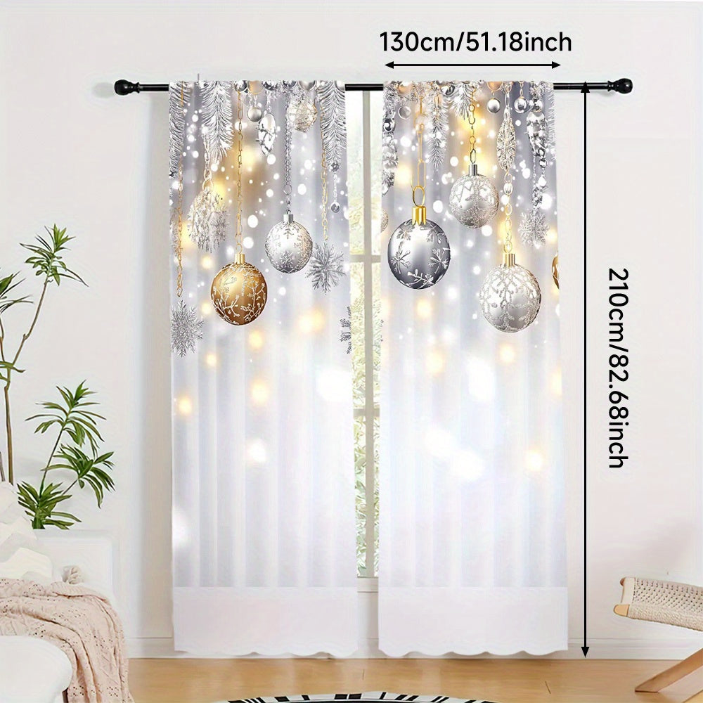 Set of 2 Christmas Glitter Snowflake and Ball Festive Atmosphere Soft Curtains, Featuring Digital Printed Rod Pocket Design for Living Room and Office Decor, Perfect for Adding a Festive Touch to Your Space. (Rod not included)