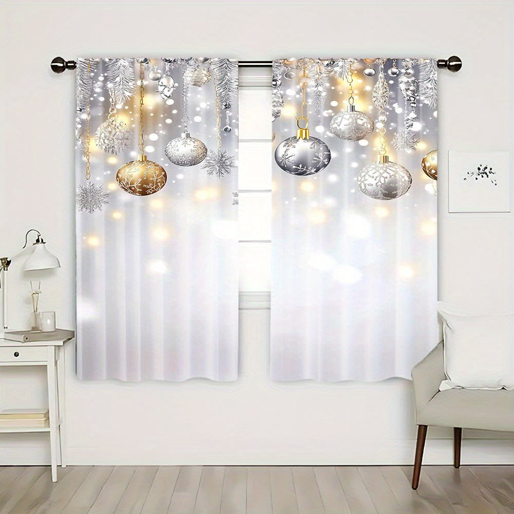 Set of 2 Christmas Glitter Snowflake and Ball Festive Atmosphere Soft Curtains, Featuring Digital Printed Rod Pocket Design for Living Room and Office Decor, Perfect for Adding a Festive Touch to Your Space. (Rod not included)