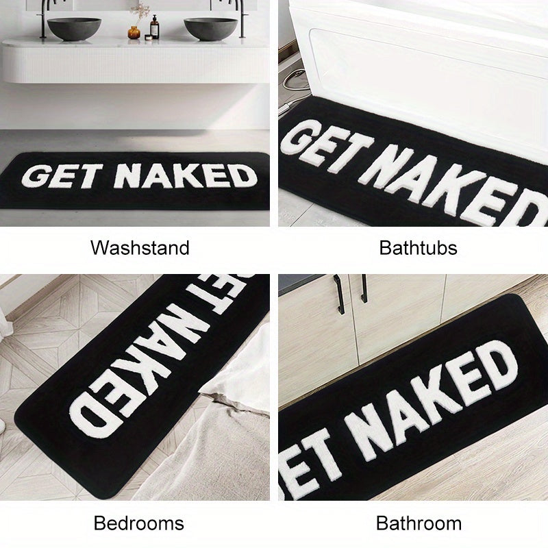 Soft and luxurious microfiber bath mat featuring anti-slip backing. Made of 100% polyester, this mat is machine washable and plush, with a playful "Get Naked" design. Perfect for use in the bathroom, bedroom, living room, kitchen, or at the entrance of