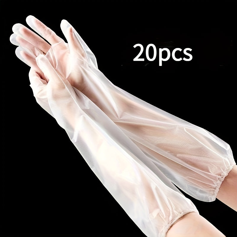 20 pack of extra-long kitchen cleaning gloves, resistant to water and oil, made of durable and comfortable plastic. Perfect for dishwashing, cleaning, and gardening. These gloves are reusable and made with non-toxic materials.