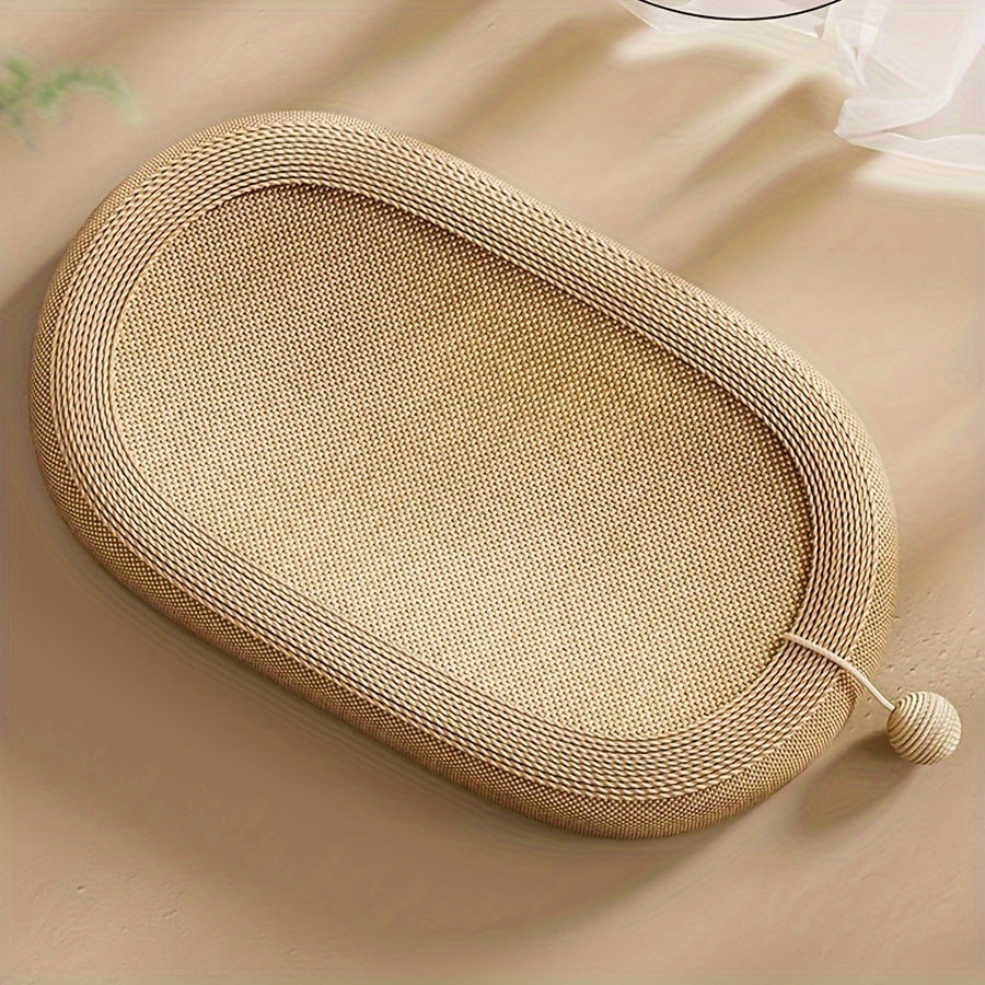 Ivory cat scratching board and bed combo with durable scratch mat, play ball, and hair-resistant surface for cats.