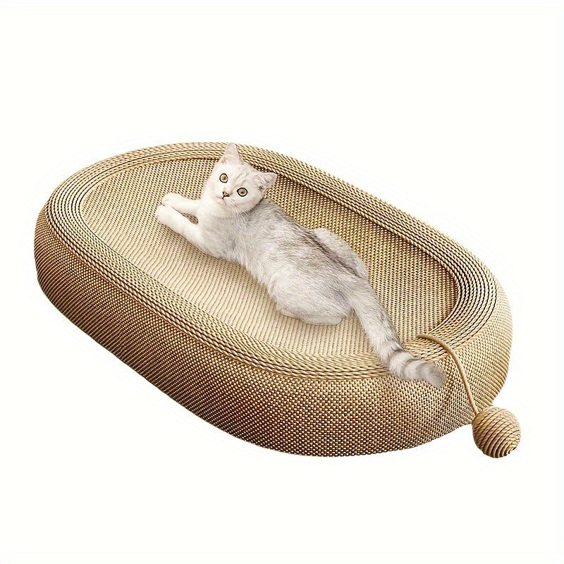 Ivory cat scratching board and bed combo with durable scratch mat, play ball, and hair-resistant surface for cats.