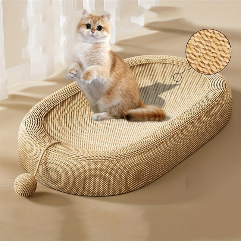 Ivory cat scratching board and bed combo with durable scratch mat, play ball, and hair-resistant surface for cats.