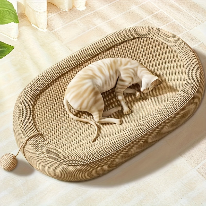 Ivory cat scratching board and bed combo with durable scratch mat, play ball, and hair-resistant surface for cats.