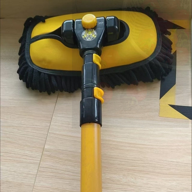 Yellow telescopic soft bristle car wash mop with aluminum handle, gentle on car surfaces, user-friendly household cleaning tool essential for every family, durable furniture accessory that won't cause any damage.