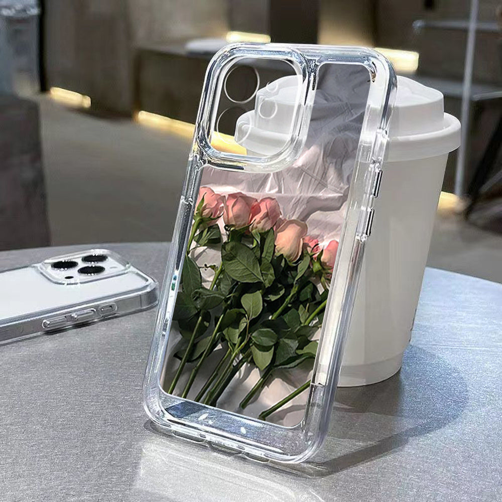 Rose transparent space mobile phone case for various iPhone models, provides protection.