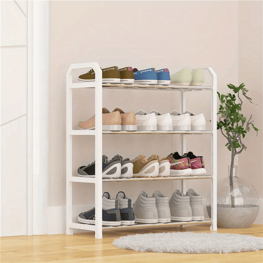 Black stainless steel shoe rack with 4 tiers that can be stacked to save space, perfect for organizing shoes in your closet, entryway, or hallway.