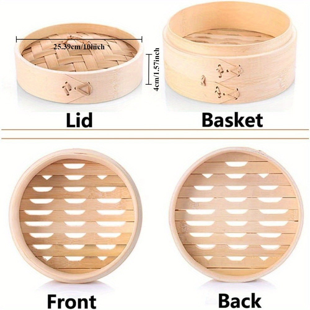 Handcrafted Bamboo Steamer Set with Two Tiers - Non-Stick Dumpling Cooking Basket for Steaming Rice, Vegetables, and Meat with Two Cotton Liners, 10-Inch Size