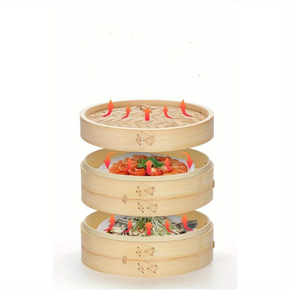 Handcrafted Bamboo Steamer Set with Two Tiers - Non-Stick Dumpling Cooking Basket for Steaming Rice, Vegetables, and Meat with Two Cotton Liners, 10-Inch Size