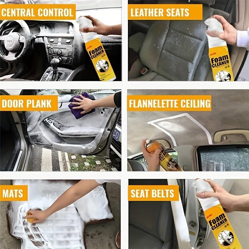 Multi-purpose foam cleaner for car upholstery care, safe for plastic surfaces. Ideal for removing stains from seats and steering wheel.