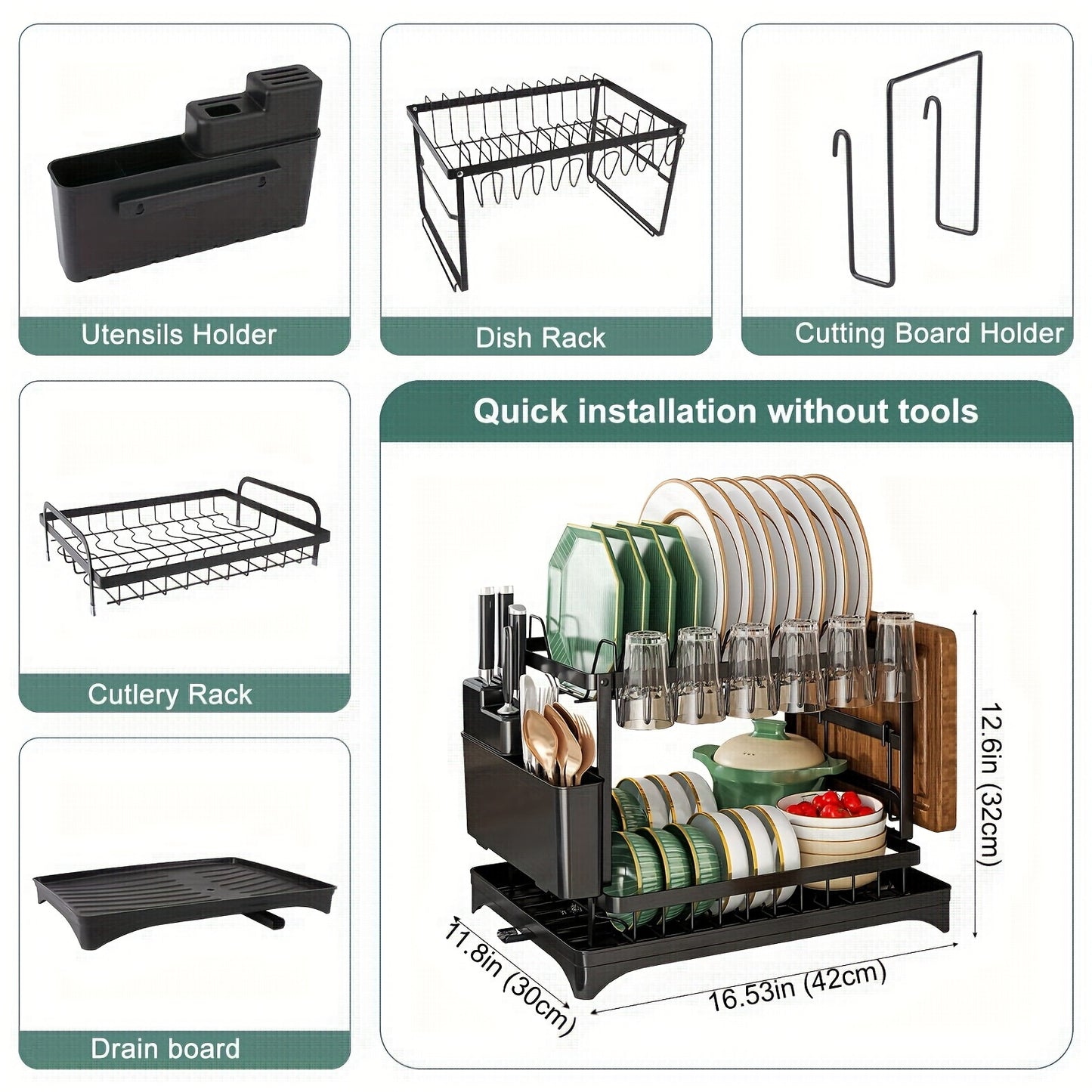 Multifunctional carbon steel holder for bowl, plate, and kitchen items with drainage board. Saves space and no electricity needed.