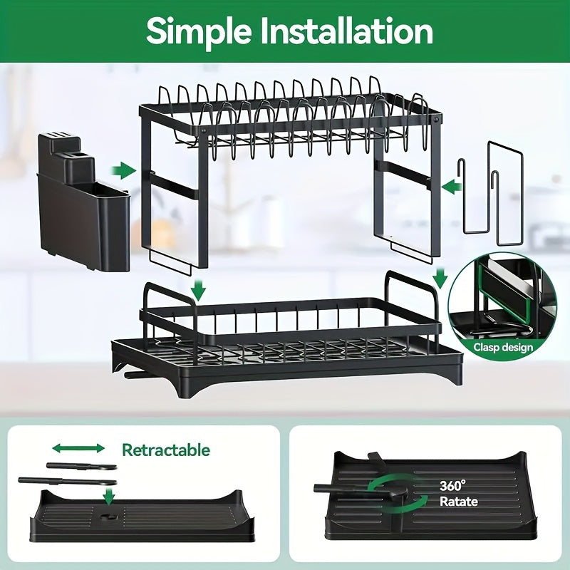 Multifunctional carbon steel holder for bowl, plate, and kitchen items with drainage board. Saves space and no electricity needed.