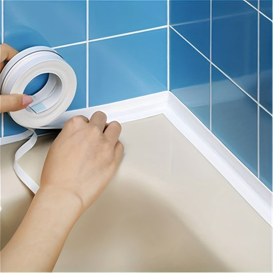 Waterproof white self-adhesive strip tape for bathroom and kitchen seals. Perfect for sink and appliance maintenance.