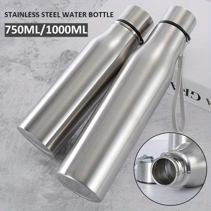 Stainless steel water bottle, round shape, 750ml/1000ml, lightweight, PVC-free, handwash only, ideal for fitness, travel, and outdoor activities.