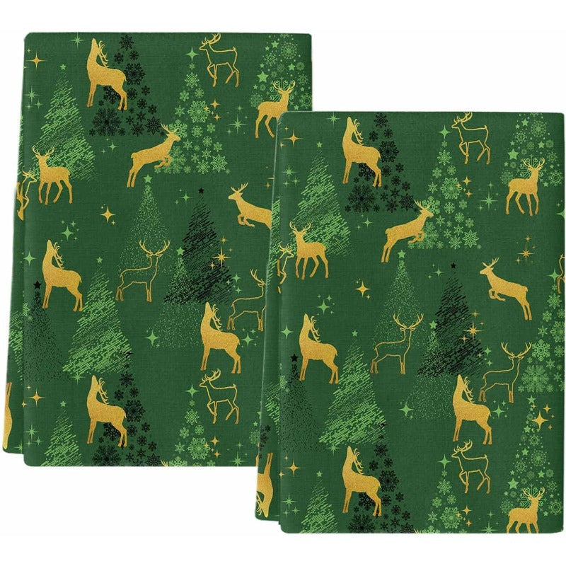 Set of 2 deer silhouette green star tree Christmas kitchen towels, featuring dimensions of 45.72 x 66.04cm. This set includes a bar towel and tea towel, all made of super soft material that is quick-drying and perfect for use as a hand towel or dish