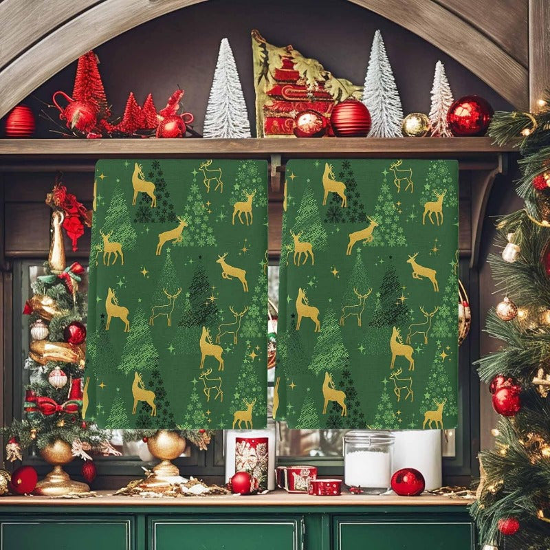 Set of 2 deer silhouette green star tree Christmas kitchen towels, featuring dimensions of 45.72 x 66.04cm. This set includes a bar towel and tea towel, all made of super soft material that is quick-drying and perfect for use as a hand towel or dish