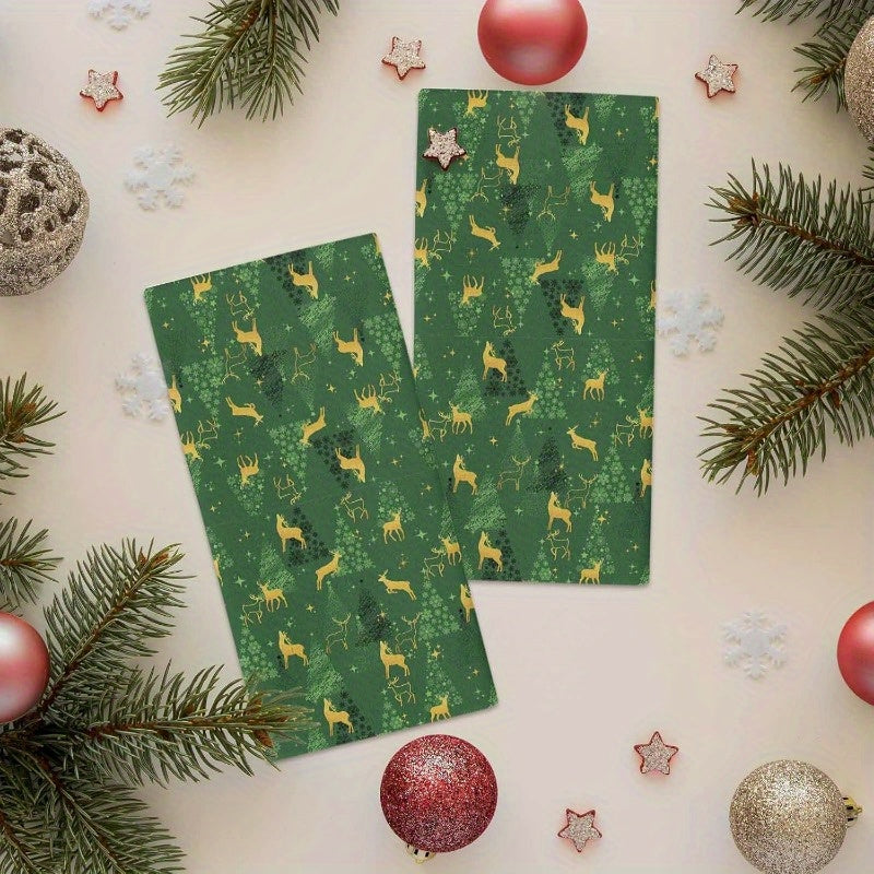 Set of 2 deer silhouette green star tree Christmas kitchen towels, featuring dimensions of 45.72 x 66.04cm. This set includes a bar towel and tea towel, all made of super soft material that is quick-drying and perfect for use as a hand towel or dish