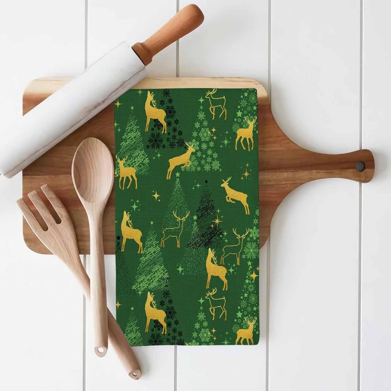 Set of 2 deer silhouette green star tree Christmas kitchen towels, featuring dimensions of 45.72 x 66.04cm. This set includes a bar towel and tea towel, all made of super soft material that is quick-drying and perfect for use as a hand towel or dish