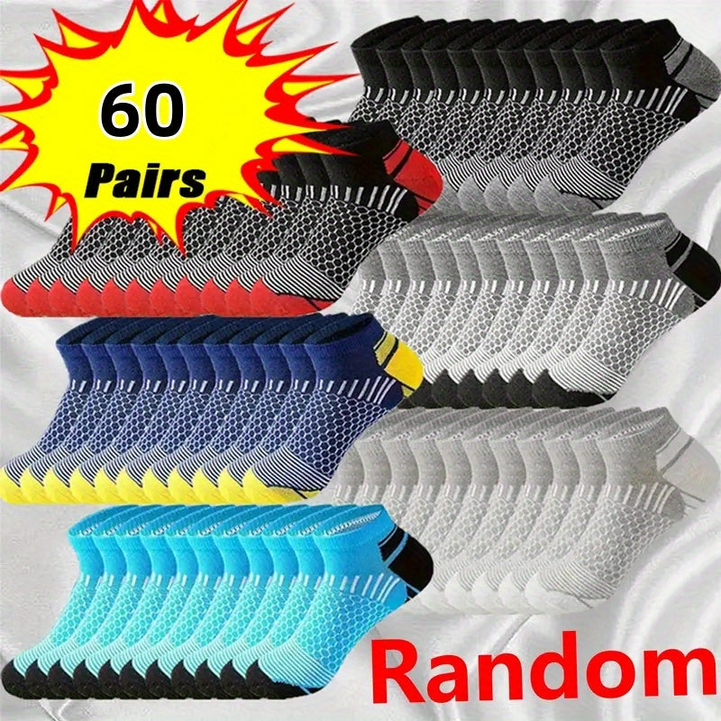 Men's athletic ankle socks in a 60-pair bundle, made of breathable polyester knit fabric. Features moisture-wicking properties, non-slip design, and is hand washable. Suitable for all