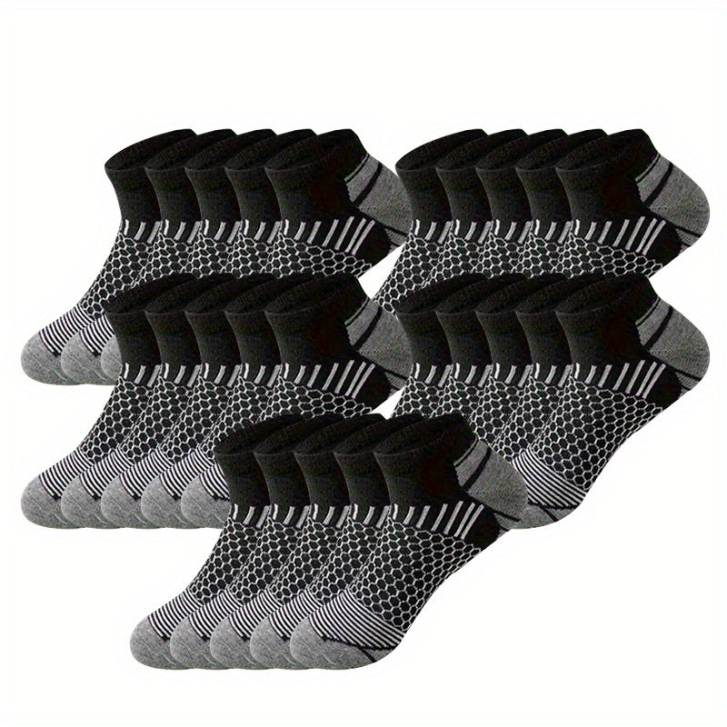 Men's athletic ankle socks in a 60-pair bundle, made of breathable polyester knit fabric. Features moisture-wicking properties, non-slip design, and is hand washable. Suitable for all