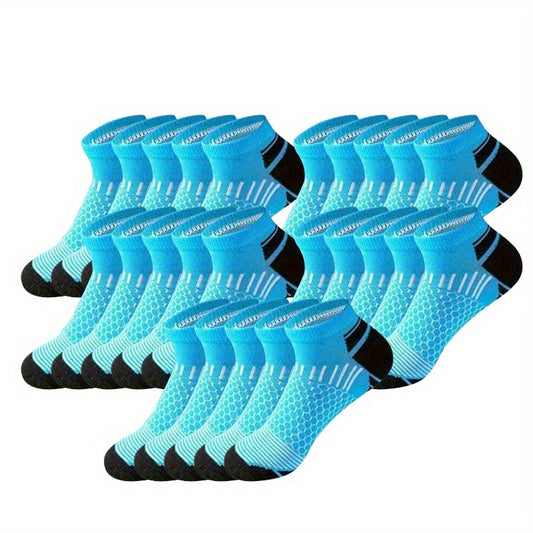 Men's athletic ankle socks in a 60-pair bundle, made of breathable polyester knit fabric. Features moisture-wicking properties, non-slip design, and is hand washable. Suitable for all