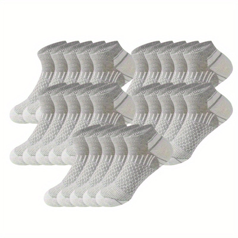 Men's athletic ankle socks in a 60-pair bundle, made of breathable polyester knit fabric. Features moisture-wicking properties, non-slip design, and is hand washable. Suitable for all