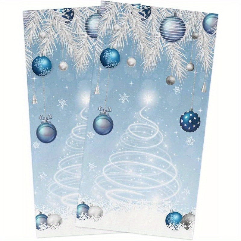 This duo of Christmas kitchen towels measures 18 by 66.04 cm and showcases a charming light blue design with festive Christmas elements such as ornaments, pine needles, snowflakes, and Christmas trees. Made to be reused, these soft dishcloths are perfect