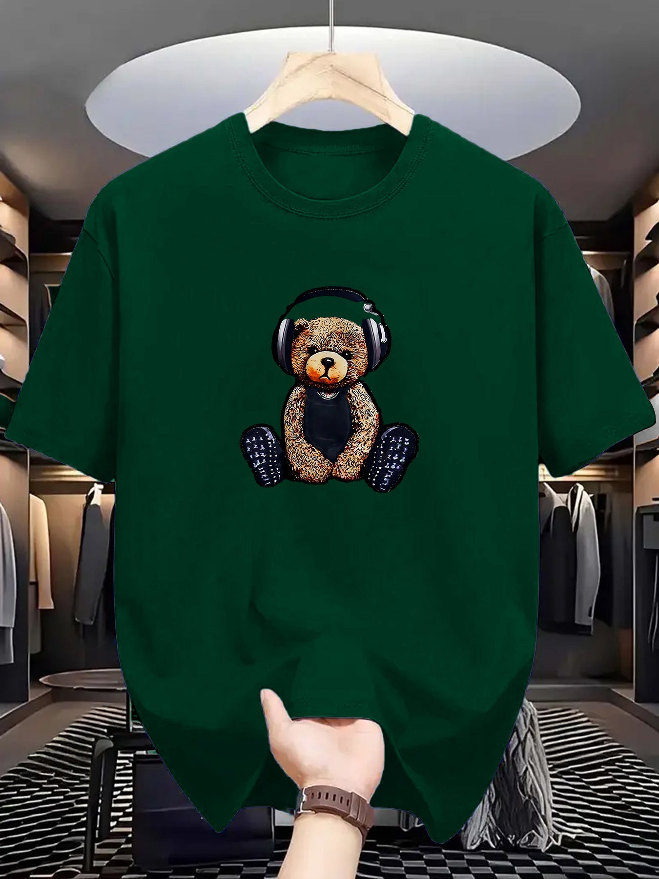 Men's Dark Green T-Shirt with Teddy Bear & Headphones Graphic - Stretchy, Breathable Polyester Tee - Perfect for Summer Outdoor Activities