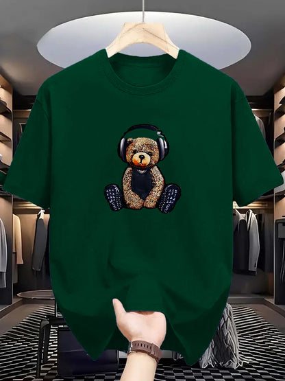 Men's Dark Green T-Shirt with Teddy Bear & Headphones Graphic - Stretchy, Breathable Polyester Tee - Perfect for Summer Outdoor Activities