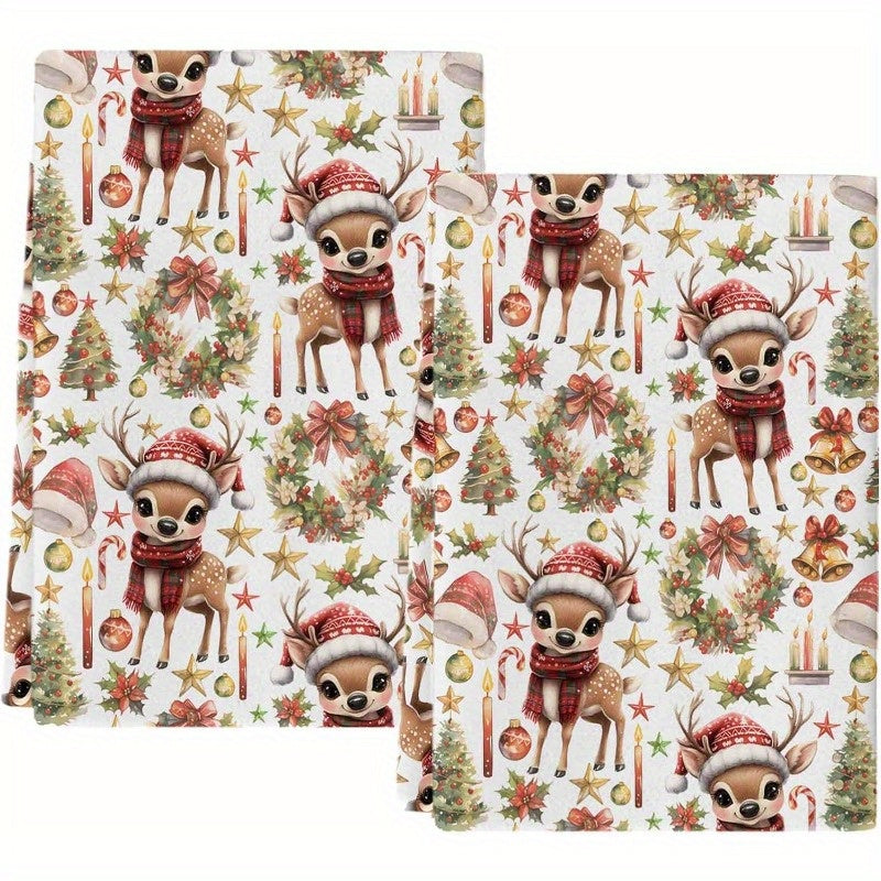 Set of 2 Christmas Winter Deer Wreath Bell Kitchen Towels, measuring 45.72*66.04cm each. Made from super soft material, these hand towels are quick-drying and perfect for use as dish towels or tea towels.