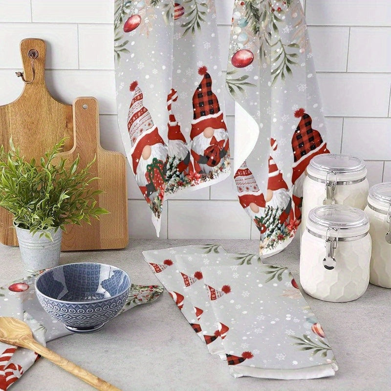 A festive Merry Christmas themed kitchen towel set featuring 2 pieces in dimensions of 45.72*66.04cm. The design includes dwarfs, Christmas trees, and poinsettia balls in gray. The set includes a soft and durable kitchen dish towel and hand towel.